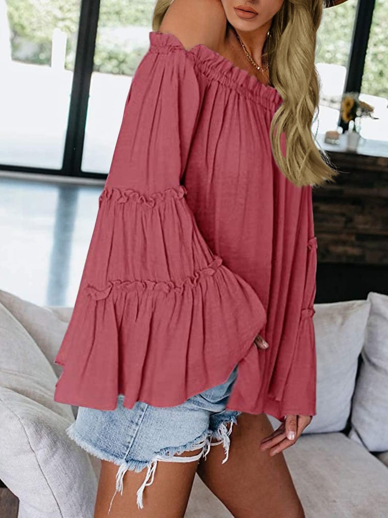 Farktop Womens Off The Shoulder Long Bell Sleeve Tops Flared Casual Loose Blouse (Navy Pink, Medium) - Image 2